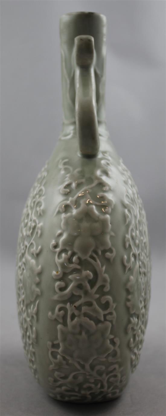 Chinese moulded and celadon glazed moonflask, Yongzheng mark but later, 24.2cm(-)